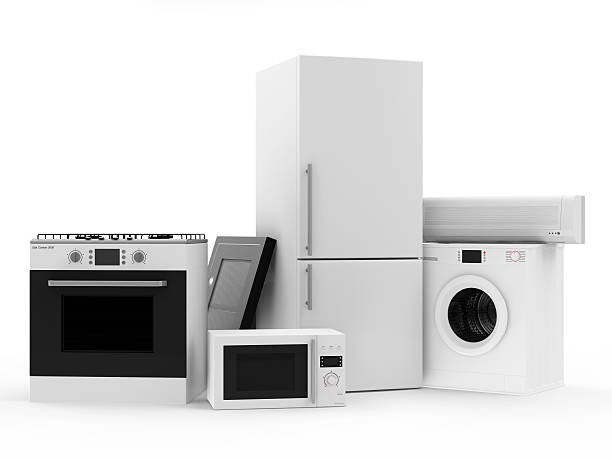 Group of home appliances. Refrigerator, Gas cooker, Microwave, Cooker hood, Air conditioner and Washing machine.